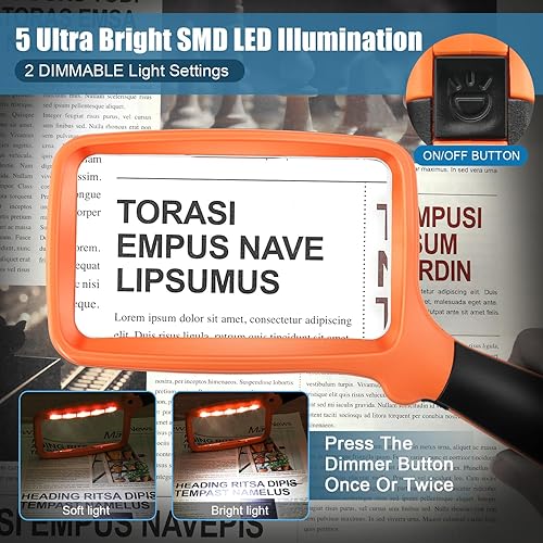 Miniatura 9 de Lupa plegable de mano con luz, lupa de lectura rectangular grande 3X con LED regulable para personas mayores con degeneración macular, periódico,