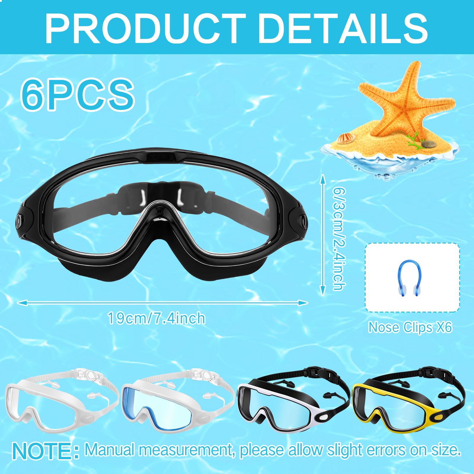 Kanayu 6 gafas de natación de visión amplia, sin fugas, antivaho, para adultos, con tapones para los oídos, clip de nariz para adultos, hombres y mujeres