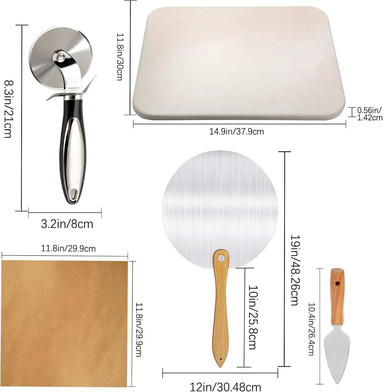Pizza Stones Set - 15 x 12 Inch Large Pizza Stone for Oven and Grill Durable and Safe Baking Stone Thermal Shock Resistant Cooking Stone with Wooden Pizza Peel Paddle & Cutter