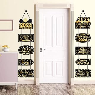 Black and Gold New Years Decorations Happy New Year Banner 2024 Happy New Year Door Hanging Banner for NYE Decorations 2024 New Years Eve Party Supplies 2024