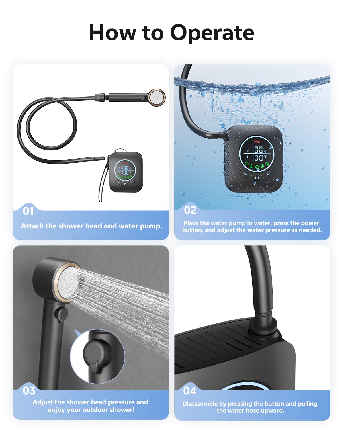 Doccia portatile – Doccia da campeggio ricaricabile da 8000 mAh, pompa doccia portatile da 6,0 l/min, doccia esterna per campeggio, escursionismo, viaggi, lavaggio