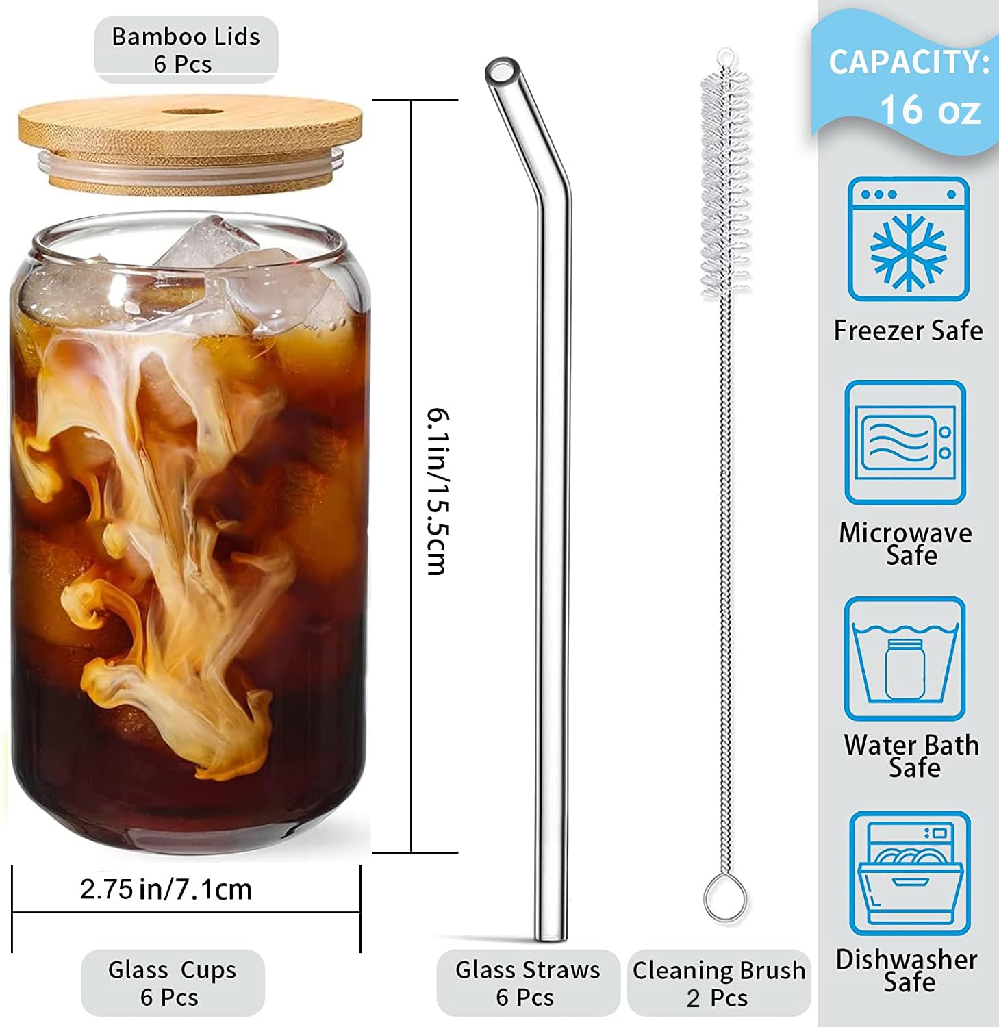 Szklanki do napojów z pokrywką i słomką, szklanki do kawy mrożonej 500 ml, estetyczne szklanki ze słomką, szklane kubki do smoothie, latte, macchiato, whisky (6 szt.)