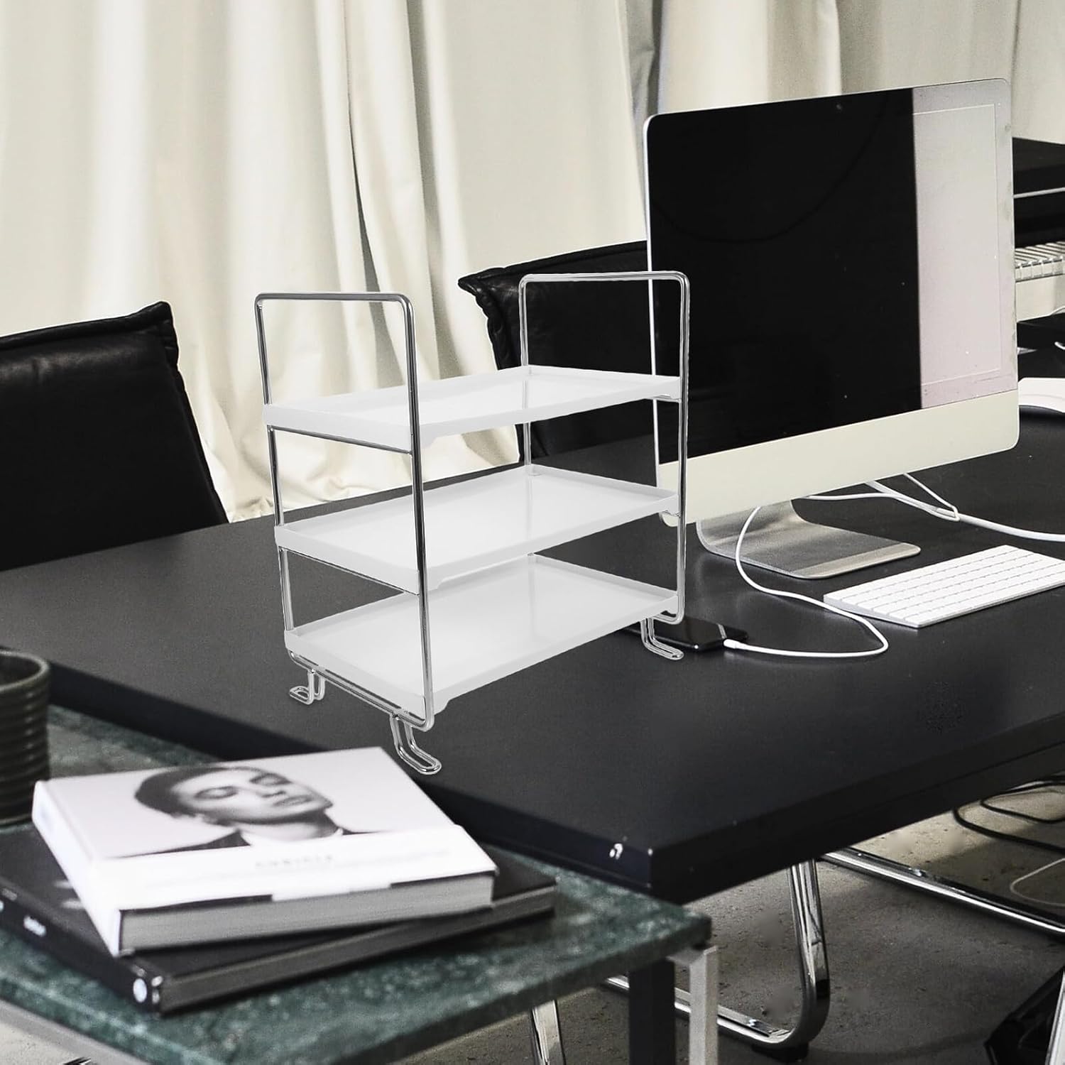 Multi-layer Household Storage Stand A4 File Folder Rack with Silver Frame Desktop Office Storage Holder for Document Organization