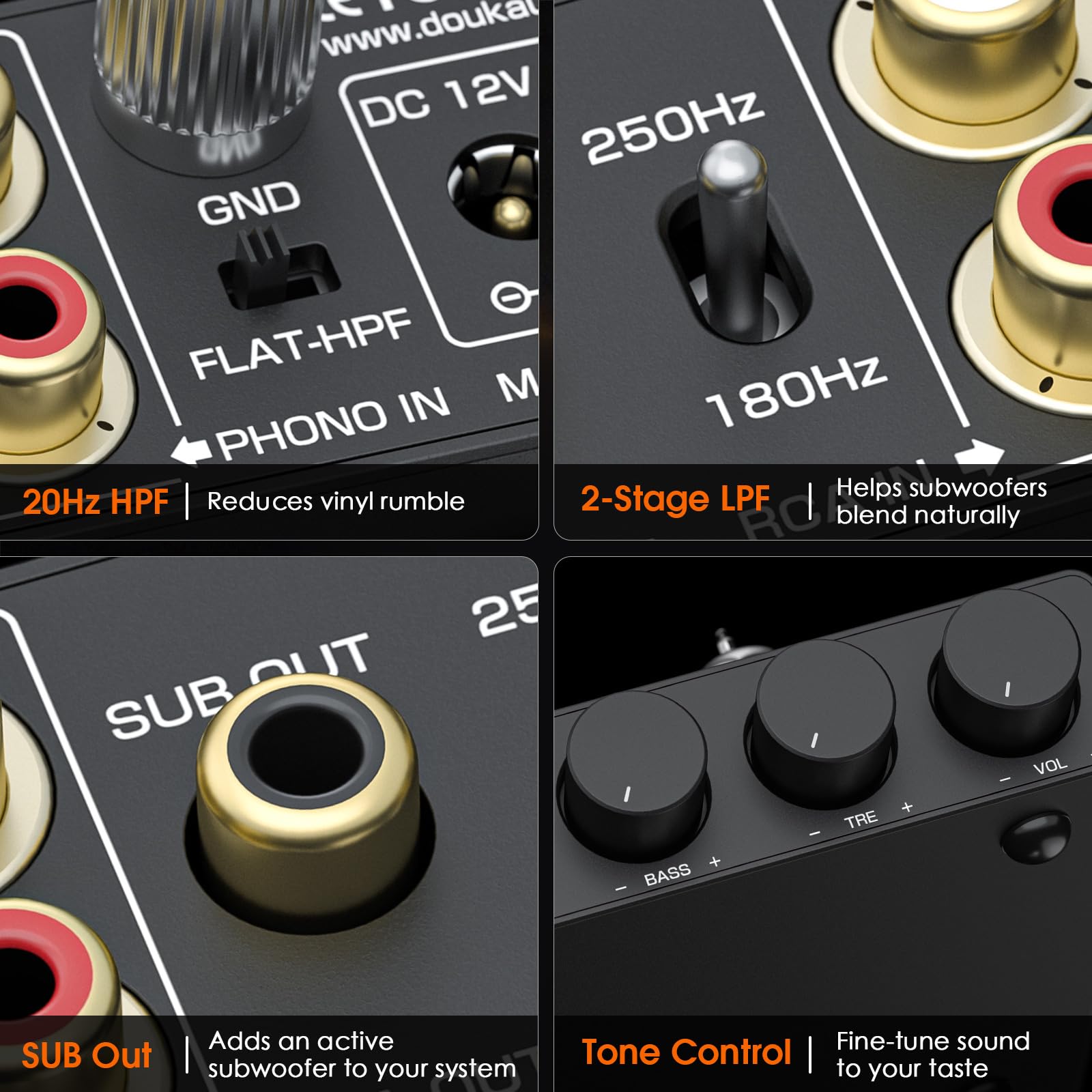 Douk Audio Preamplificatore tubolare MM Phono livello HiFi preamplificatore stereo con filtro passa-basso, uscita subwoofer | Amplificatore audio Tube Preamp