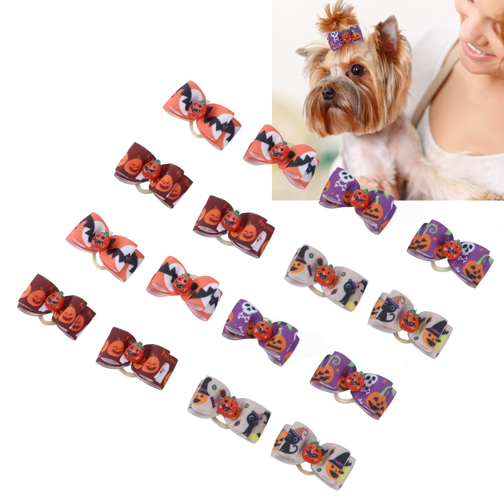Vitdipy 16Pcs Dog Hair Bows, Cute Mix Colors Pet Bowknot Headdress with Rubber Band for Halloween Thanksgiving Pet Supplies - Image 2