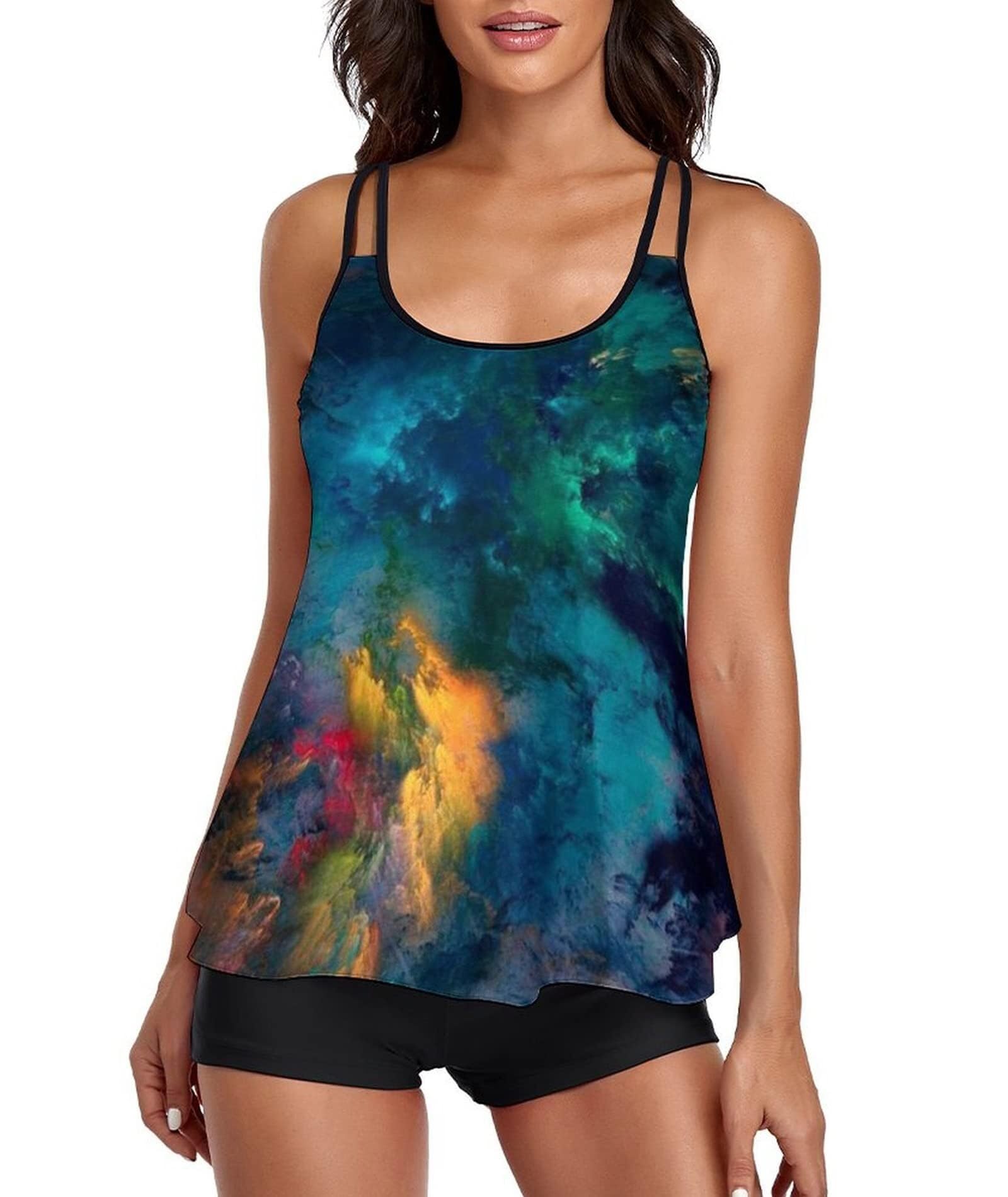 Lockenstab Tankini Women's Tummy Control Swimwear Set Leisure Swimsuit Tankinis Two Piece Sets Summer Elegant Swimsuits for Women Top with Swimming Shorts, D Blue. Tie-dye., M