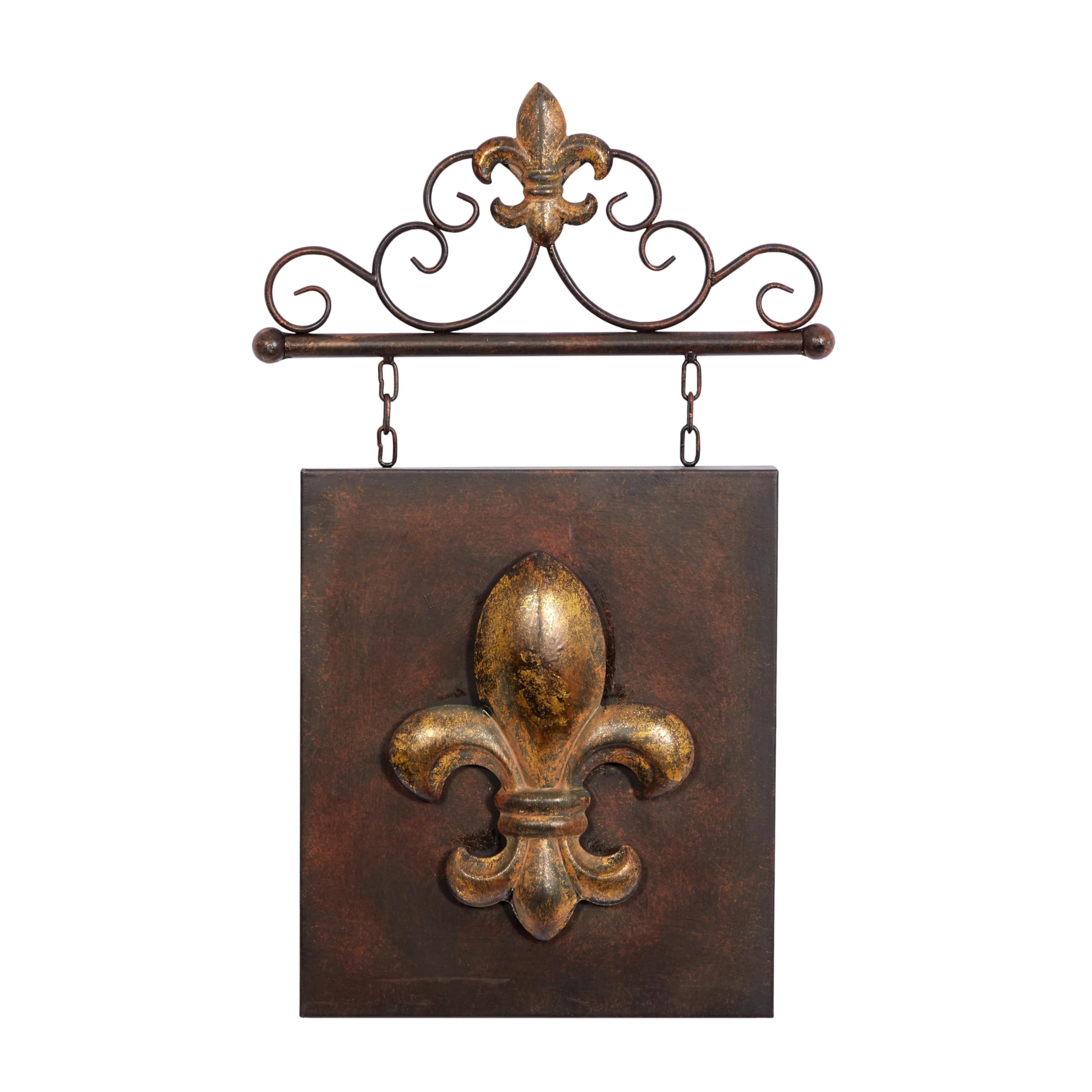 Deco 79 Metal Fleur De Lis Home Wall Decor Suspended Wall Sculpture with Scrollwork Hanger, Wall Art 15" x 2" x 23", Bronze