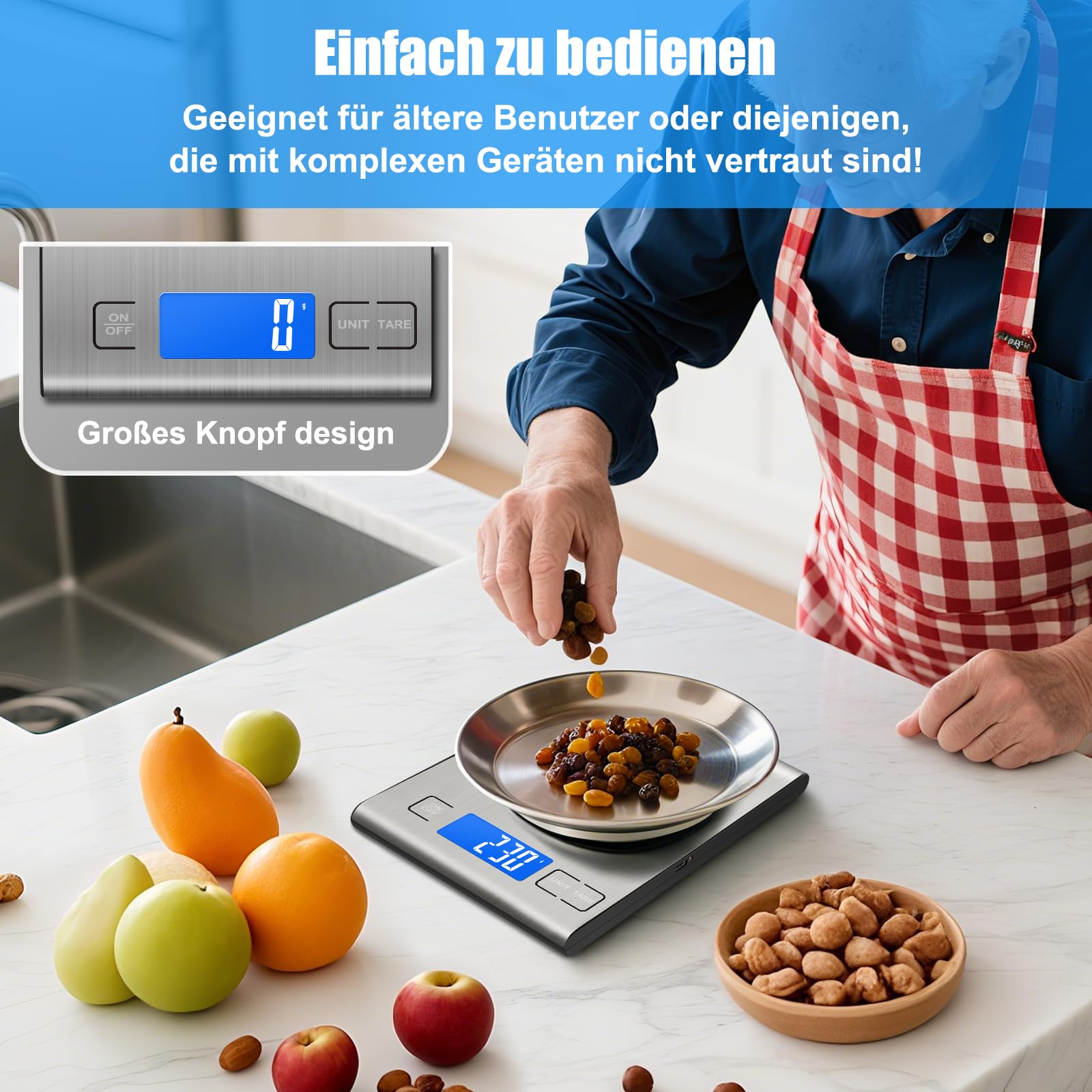 Diyife 15 kg digitale keukenweegschaal, [upgrade] huishoudweegschaal met waterdicht transparant glazen paneel, opladen type C, batterijen inbegrepen, voor het bereiden van maaltijden, keuken