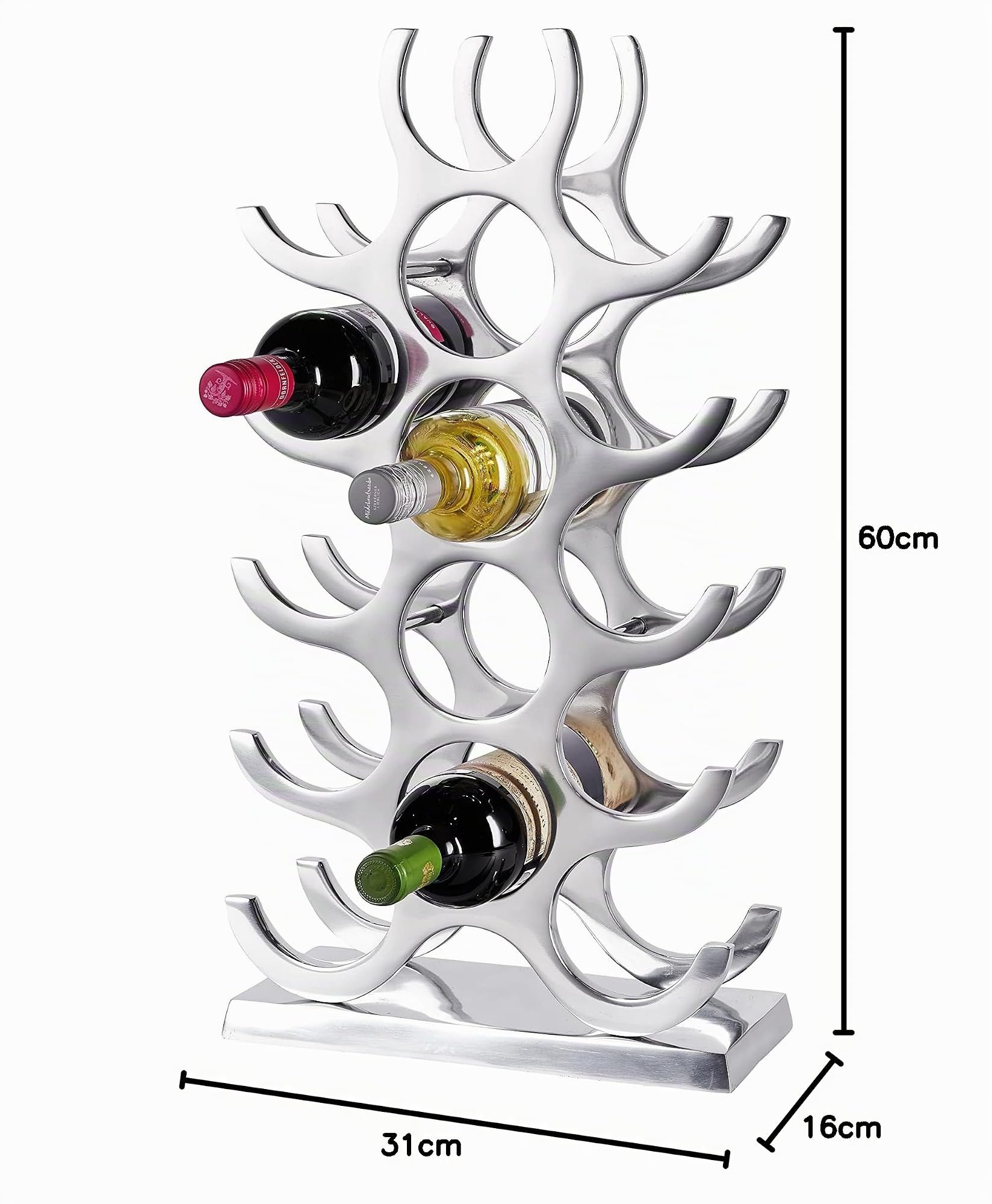 MichaelNoll Botellero de aluminio plateado de lujo – Soporte para botellas de vino, estante moderno de metal – Soporte para botellas de champán, vino y champán – 60 cm XL