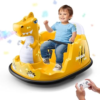 Hikole 12V Electric Ride on Bumper Car for Baby with Remote Control, Battery Operated Kids Bump Cars, 360°Spin/3 Speeds/Soft Bump Strip, Gift-Yellow Dinosaur w/Music/Colorful Mist Spray