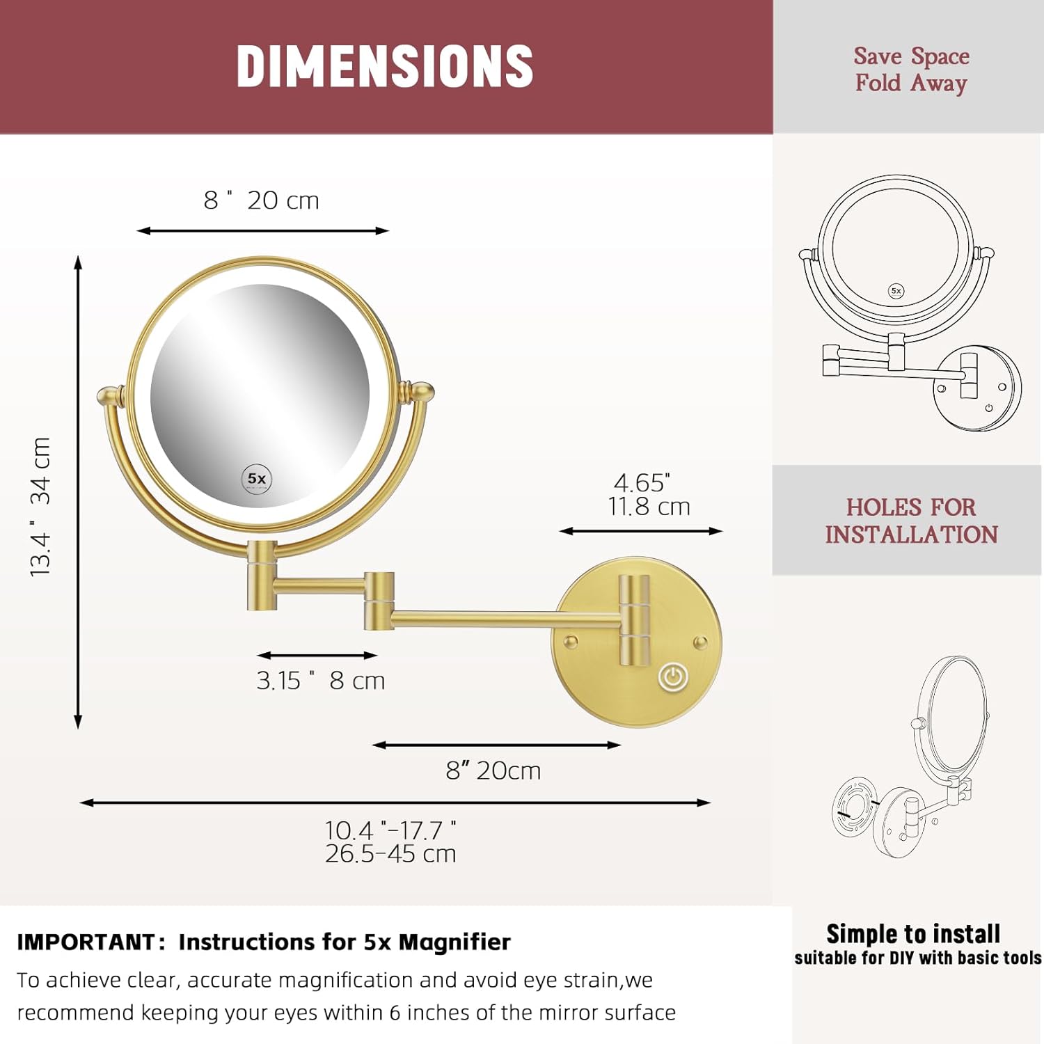 8" Hardwired Brass Wall Mount Makeup Mirror with Lights and Magnification 1X/5X, Double Sided 3-Colors LED Touch Control Extended Arm 360 Rotation Cosmetic Mirror for Bathroom Brushed Gold - Image 6