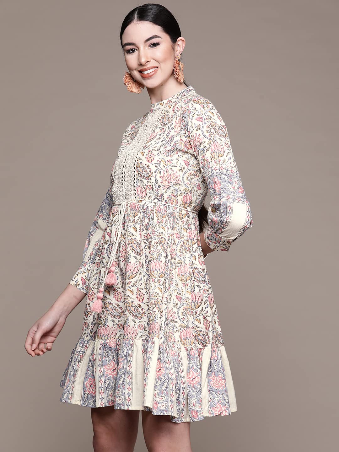 Anubhutee Women's Cotton Off White Mirror Work Printed A-Line Indo Western Dress