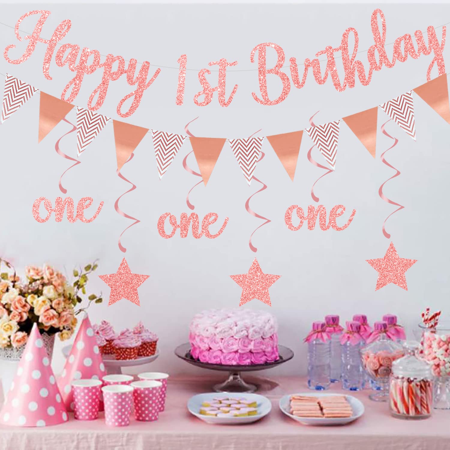 Elicola Wimpelkette Zum 1. Geburtstag Für Mädchen – „I Am One“ Banner Mit 8 Rotgoldenen Wirbeln, Partydeko