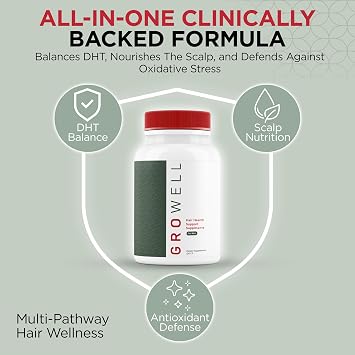 GroWell Hair Growth Supplements for Men Clinically tested for visibly thicker hair and scalp coverage All natural ingredients, saw palmetto to block DHT Drug-free, Safe Doctor recommended