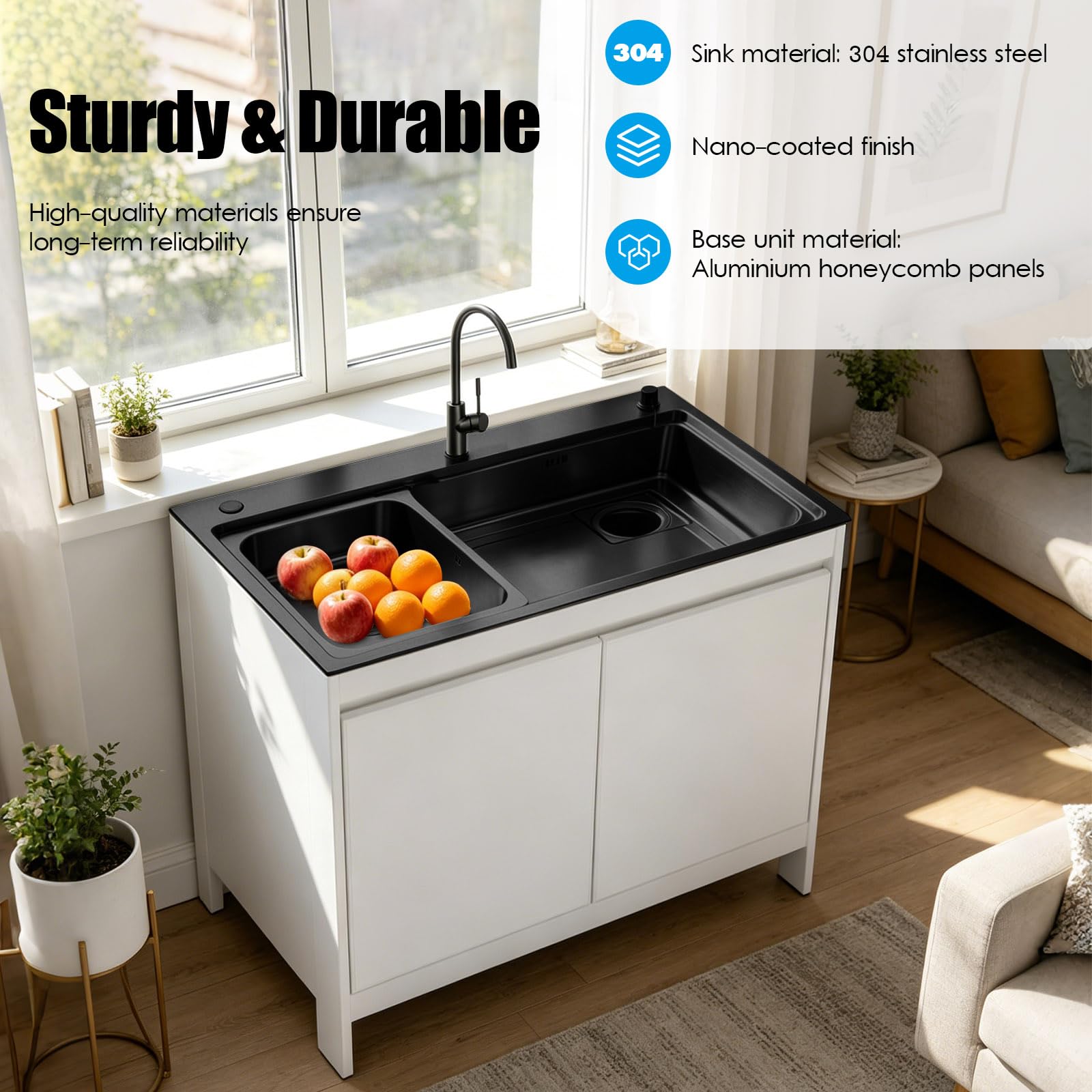 Mueble Fregadero Lavadero, Armario de Aluminio de Nido de Abeja Impermeable con Fregadero de Acero Inoxidable Negro Nano, Lavadero Portante Exterior/Interior con Grifo Cuello de Cisne, Blanco/Gris