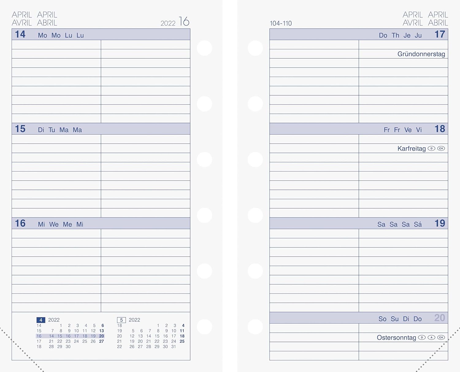 BRUNNEN 1072700002 weekly calendar schedule systems 2022, 2 pages = 1 week, sheet size 7.6 x 12.7 cm