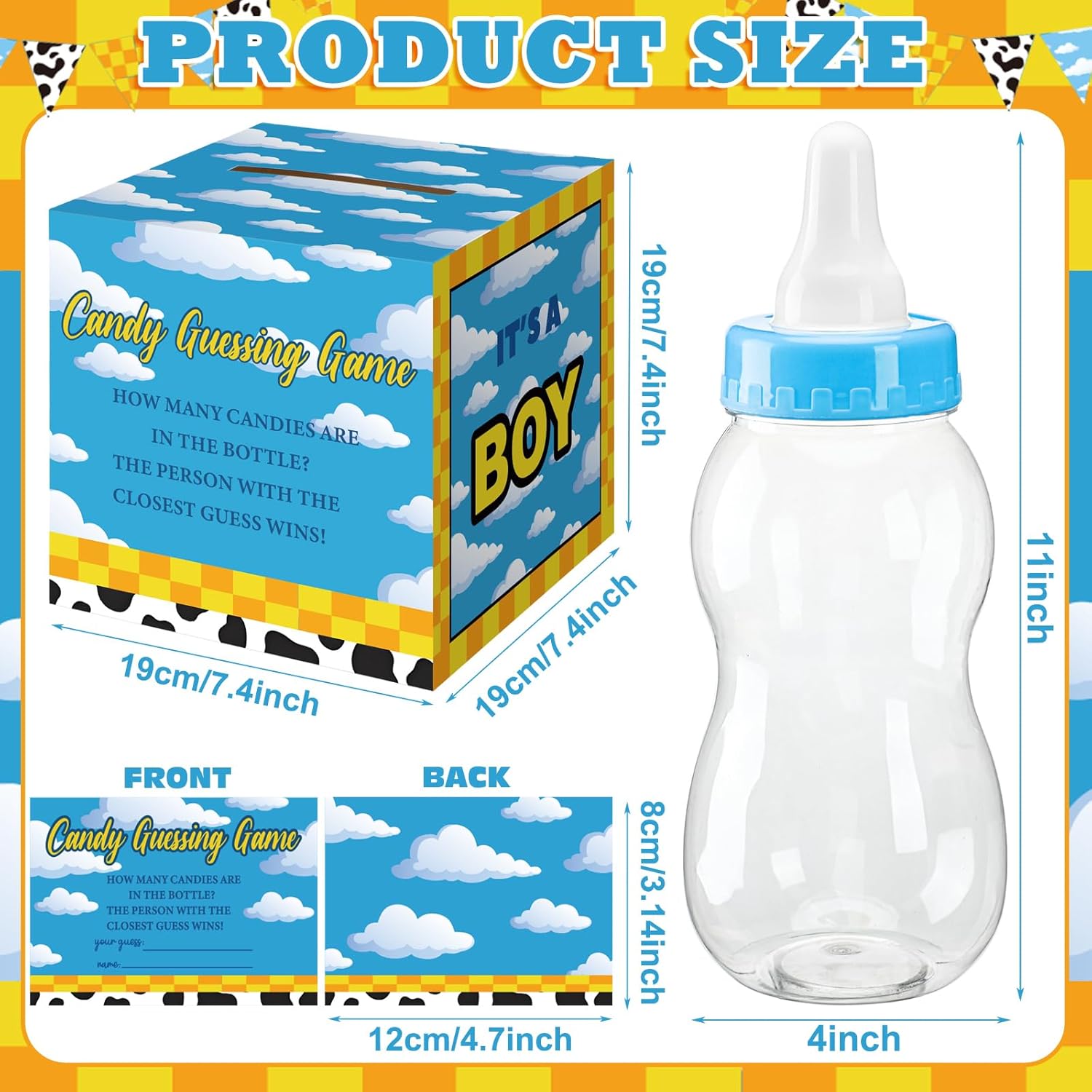 Glenmal 52 Pcs Baby Shower Games Gift Sets Large Baby Bottle for Shower Game Guess How Many Candies Decorations for Gender Reveal(Cartoon Style)