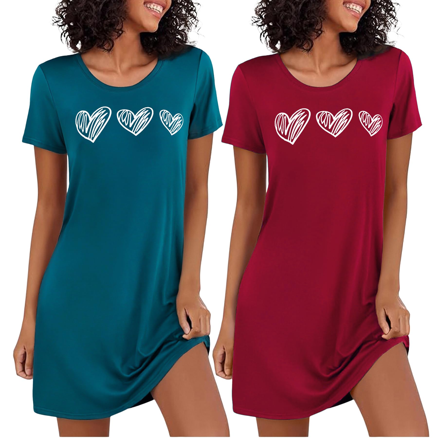 Marvmys 2er Nachthemd Damen Kurzarm Schlafshirt Baumwolle Printed Sleepshirt Sommer T-Shirt Schlafhemd Frauen Nachtwäsche Schlafkleid