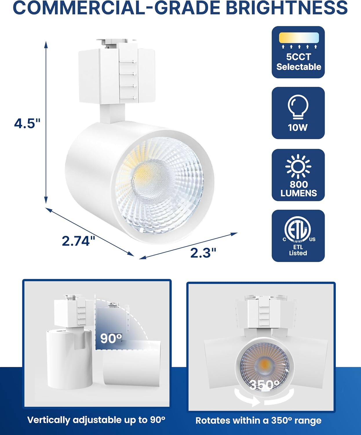 FLSNT LED Track Light Head 10W, 60W Equivalent, 2-Wire Juno Compatible, 5CCT Adjustable (2700K, 3000K, 3500K, 4000K, 5000K,), 800 Lumens, CRI90, Dimmable, 120V Spotlight for Ceiling, Accent