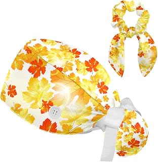 FVQL Set of 2 Bouffant Caps with Hairband Surgical Caps Scrub Cap, Maple Leaves Autumn Pattern