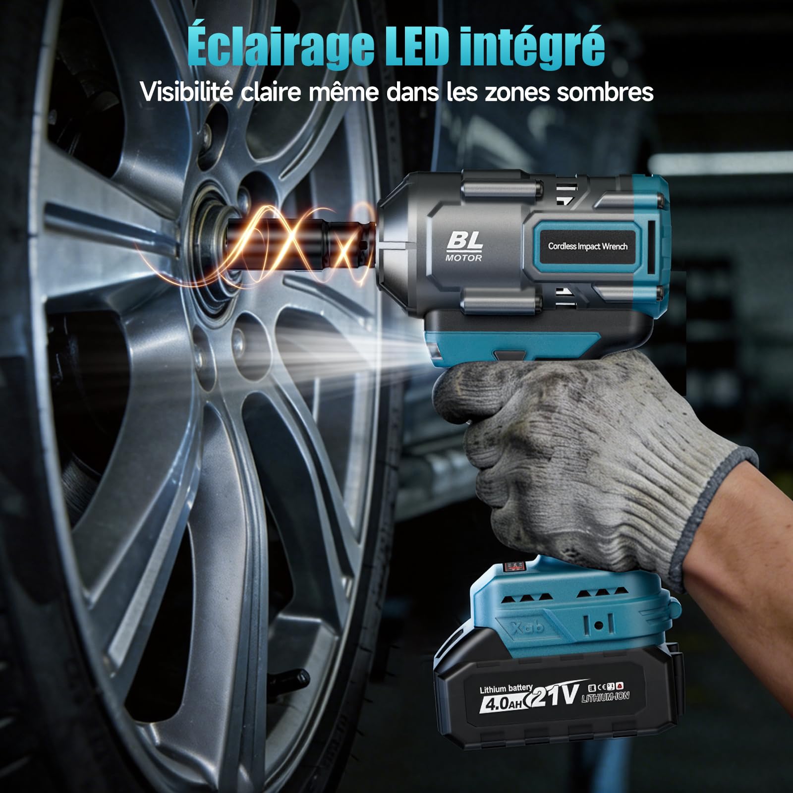 Clé à choc sans fil 1100Nm 1/2" Brushless avec 2×4000mAh Batterie, compatible avec batterie Ma-kkita 18V, clé à choc électrique incl. 5 douilles, rallonge et coffret – Yofuly