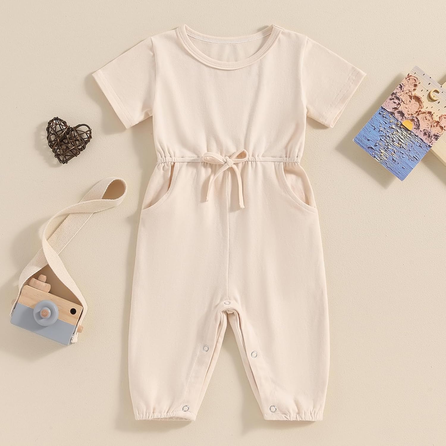 Mubineo Toddler Baby Girl Boy Summer Fall Clothes Basic Plain Romper Jumpsuit Short Sleeve Rompers Cute Newborn Outfits 18-24 Months Beige image 2 of 9 B0CYH3PFFL