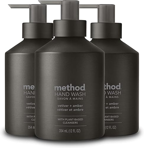Method Gel Hand Soap, Vetiver + Amber, Reusable Black Aluminum Bottle, 12 oz (Pack of 3)
