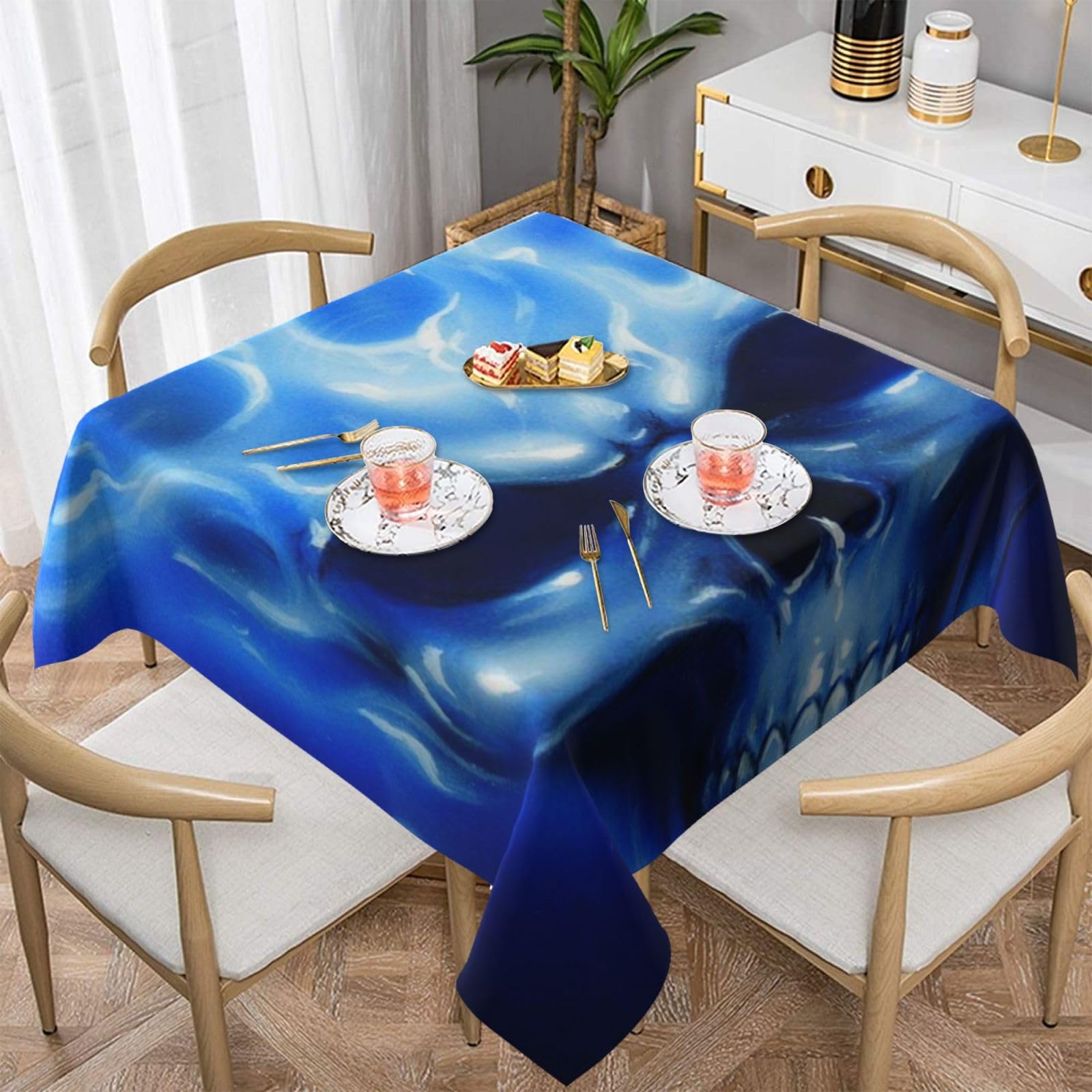 DCEHGEW blue flame skull Prints Square Tablecloth 152x152 CM, Waterproof Fabric Table Cloth for Dining Table, Farmhouse Table Cover for Kitchen Dining Tabletop Decoration