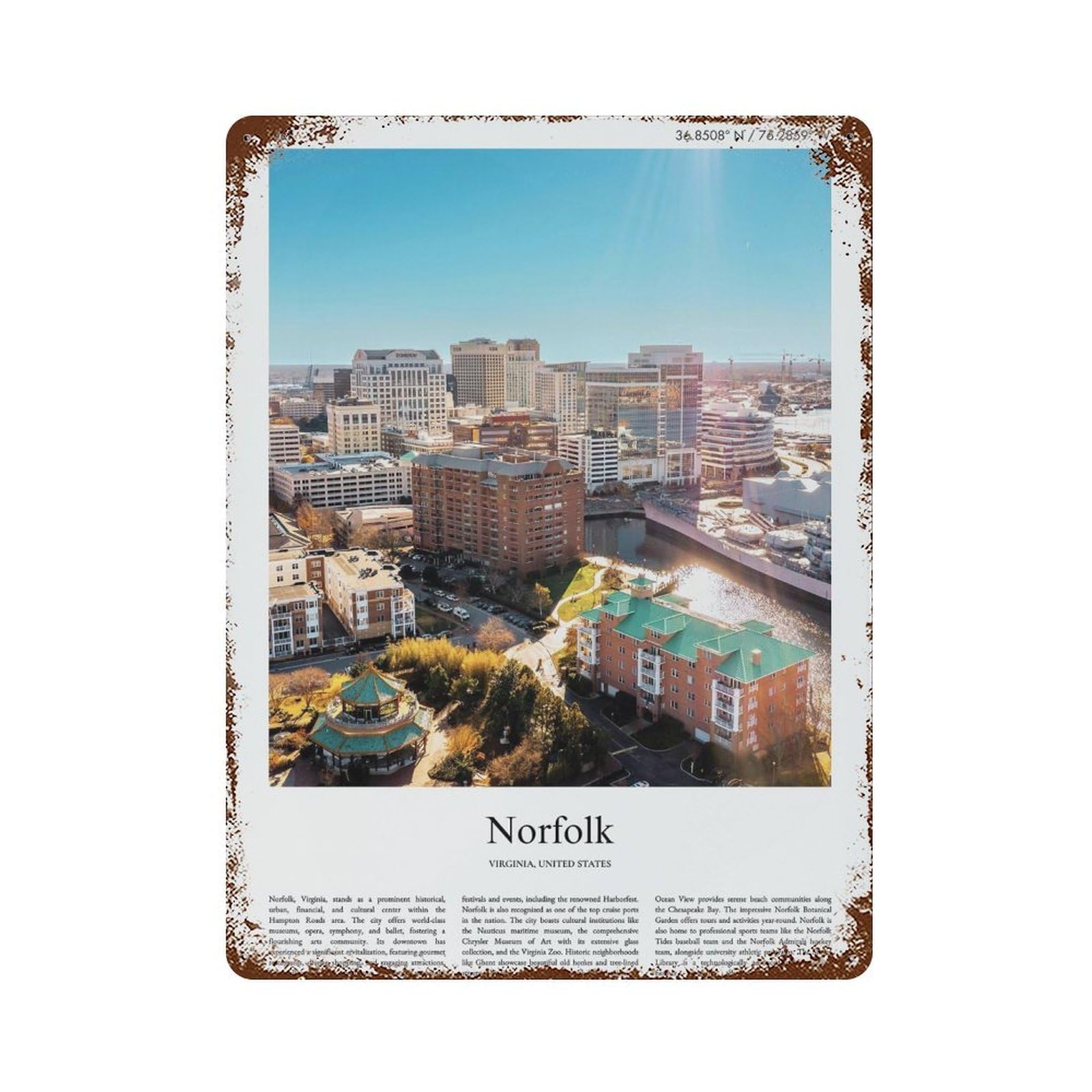 xiaoxiaoshen Norfolk Virginia, United States, USA City Scenery Wall Decor Art Metal Tin Poster Modern Home Decor Art Home Bar Shop Decorations Vintage Sign 40x30cm