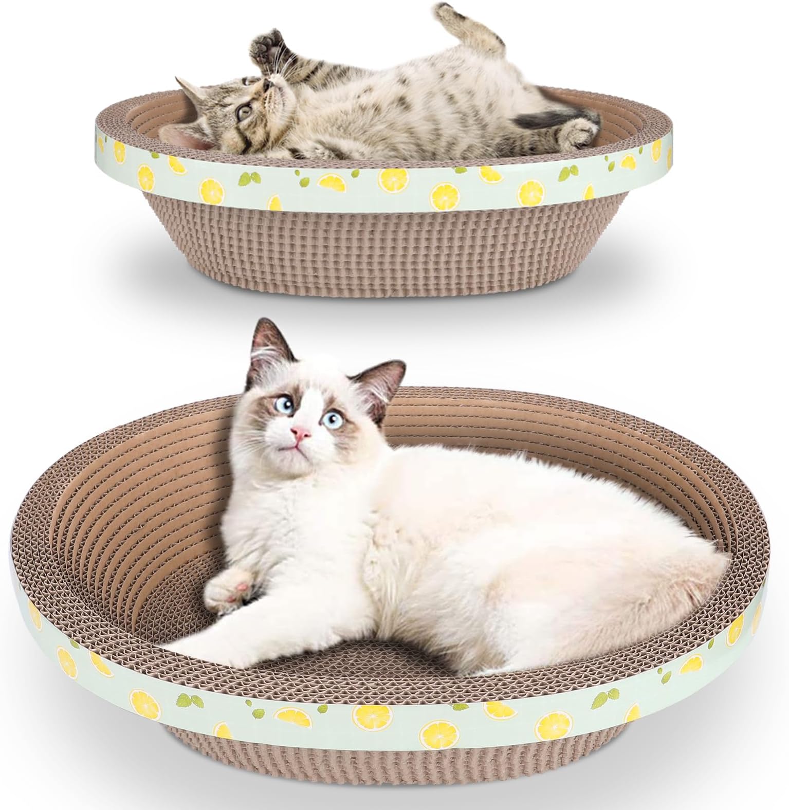 2pc Set Includes 1 X 19.5 Large + 1 X 14.96 Cute Cat Scratcher Cardboard Bed Lounger Couch, Cat Scratching Board Lounge Box Durable, Corrugated Cat Scratch Pad for Indoor Cats Furniture Protector