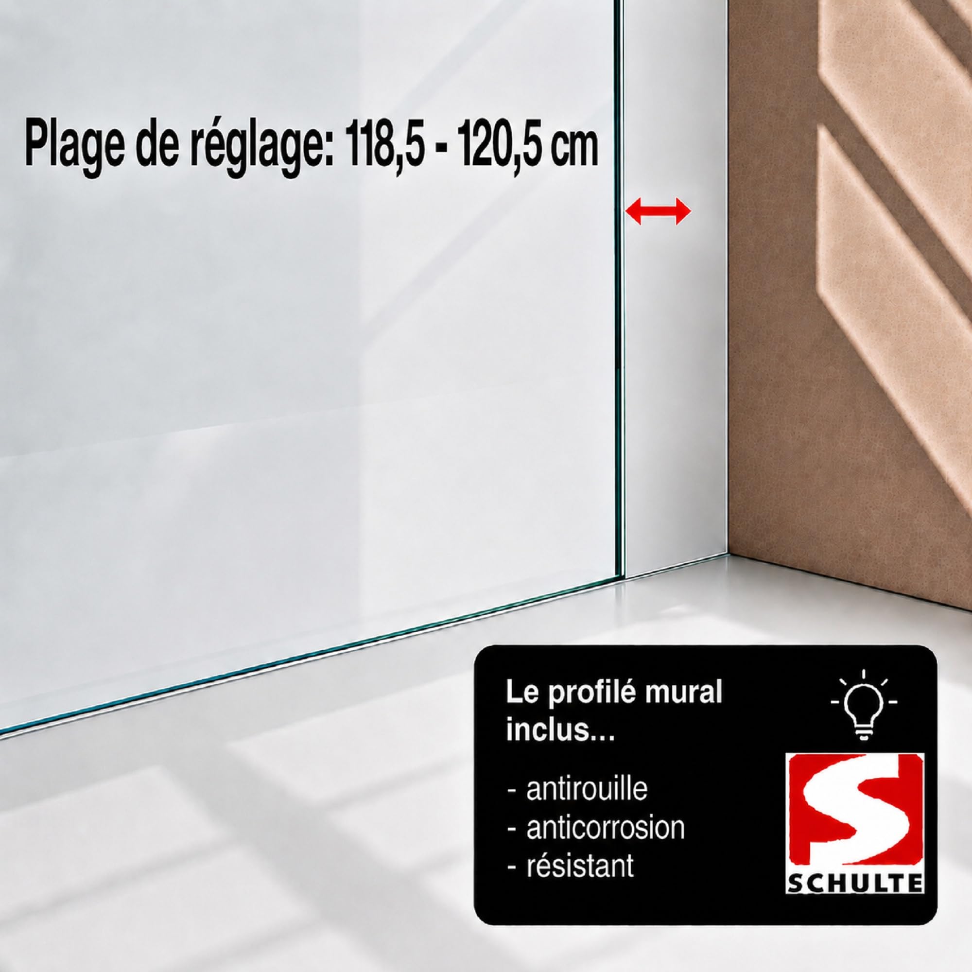 Schulte paroi douche italienne 120x200 aspect chromé réversible verre 8mm
