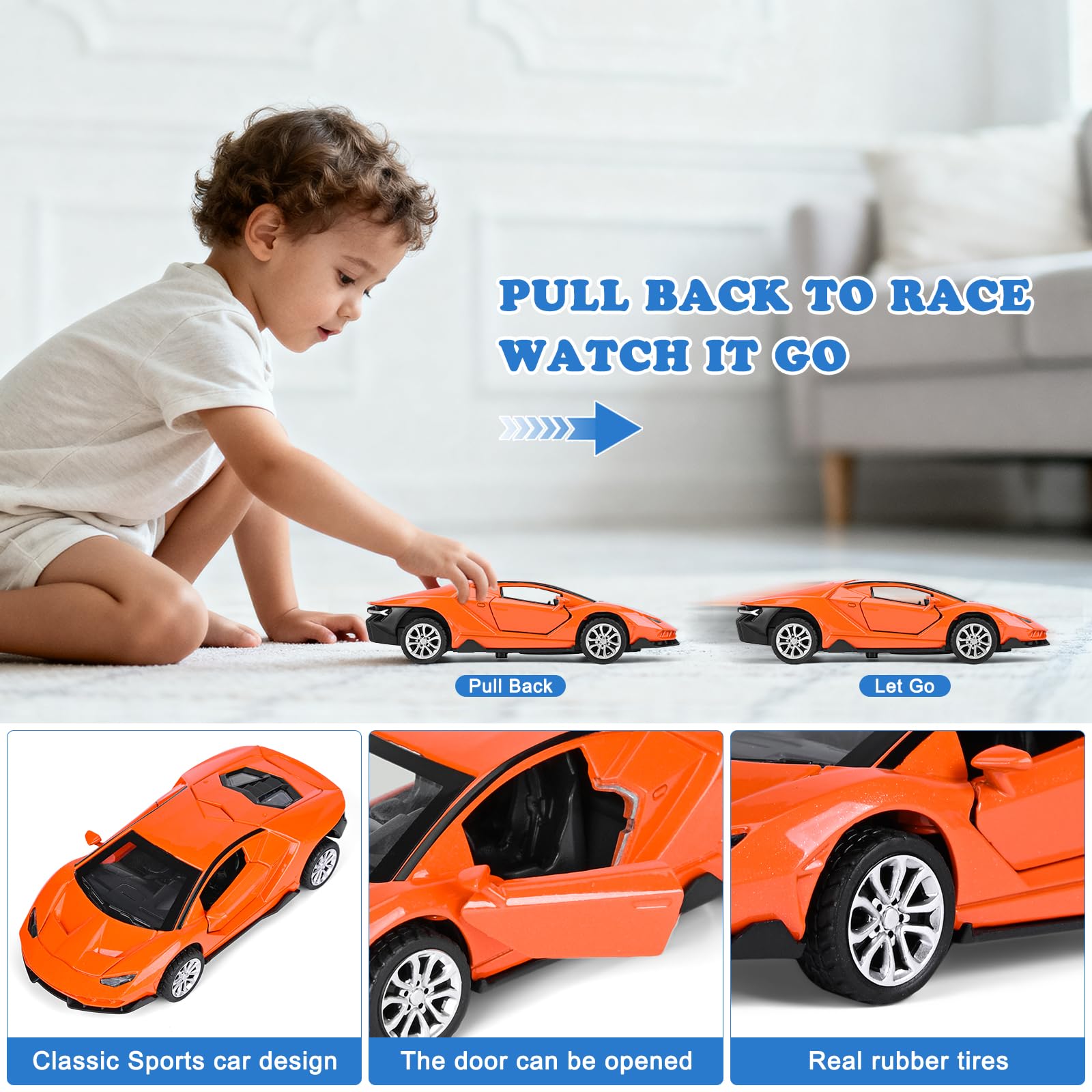 4 Pack 1/36 Metal Diecast Cars Toy with Opening Doors Kid Pull Back Cars Toys Set,Boy Toy Car for Age 3 4 5 6 7 8 9 10 11 12
