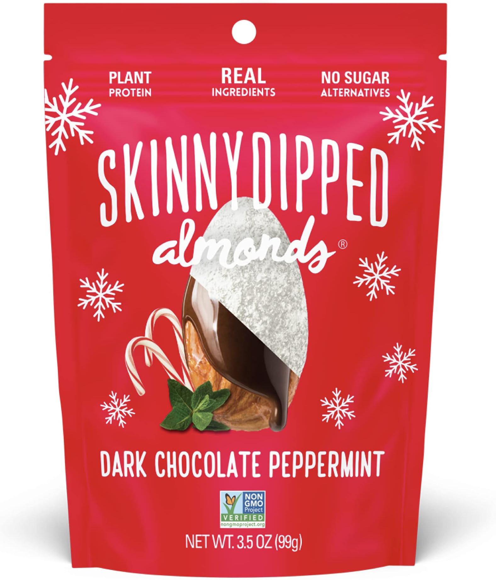 Dark Chocolate Peppermint Almonds, Healthy Snack, Plant Protein, Gluten Free, 3.5 oz Resealable Bag, Pack of 1