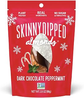 SkinnyDipped Dark Chocolate Peppermint Almonds, Healthy Snack, Plant Protein, Gluten Free, 3.5 oz Resealable Bag, Pack of 1