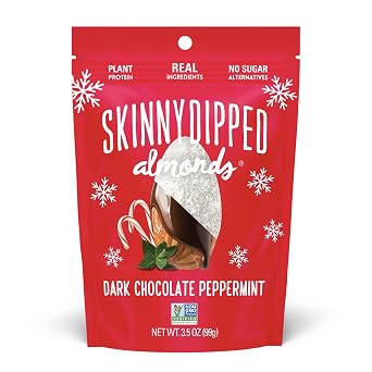 SkinnyDipped Dark Chocolate Peppermint Almonds, Healthy Snack, Plant Protein, Gluten Free, 3.5 oz Resealable Bag, Pack of 1