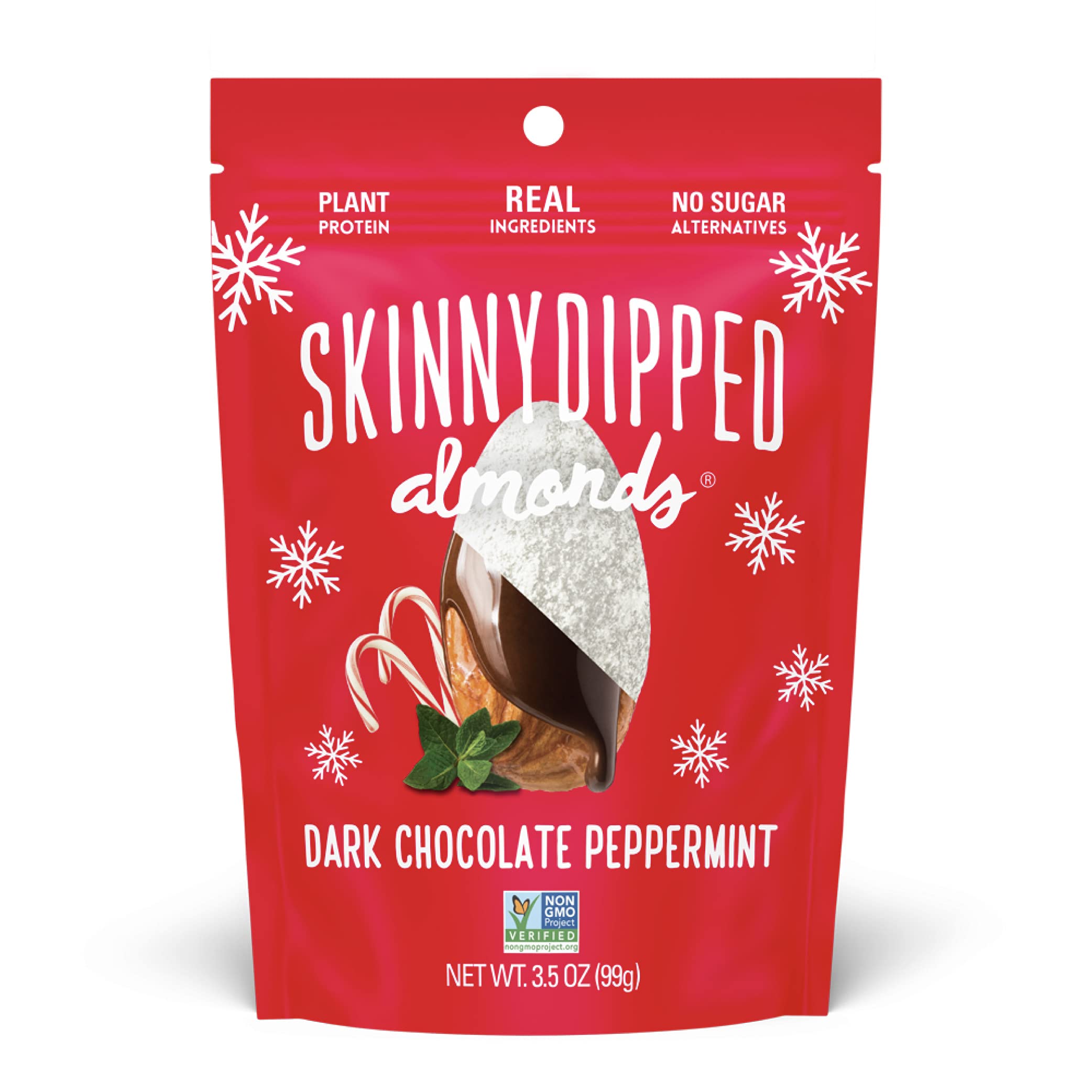SkinnyDipped Dark Chocolate Peppermint Almonds, Healthy Snack, Plant Protein, Gluten Free, 3.5 oz Resealable Bag, Pack of 1