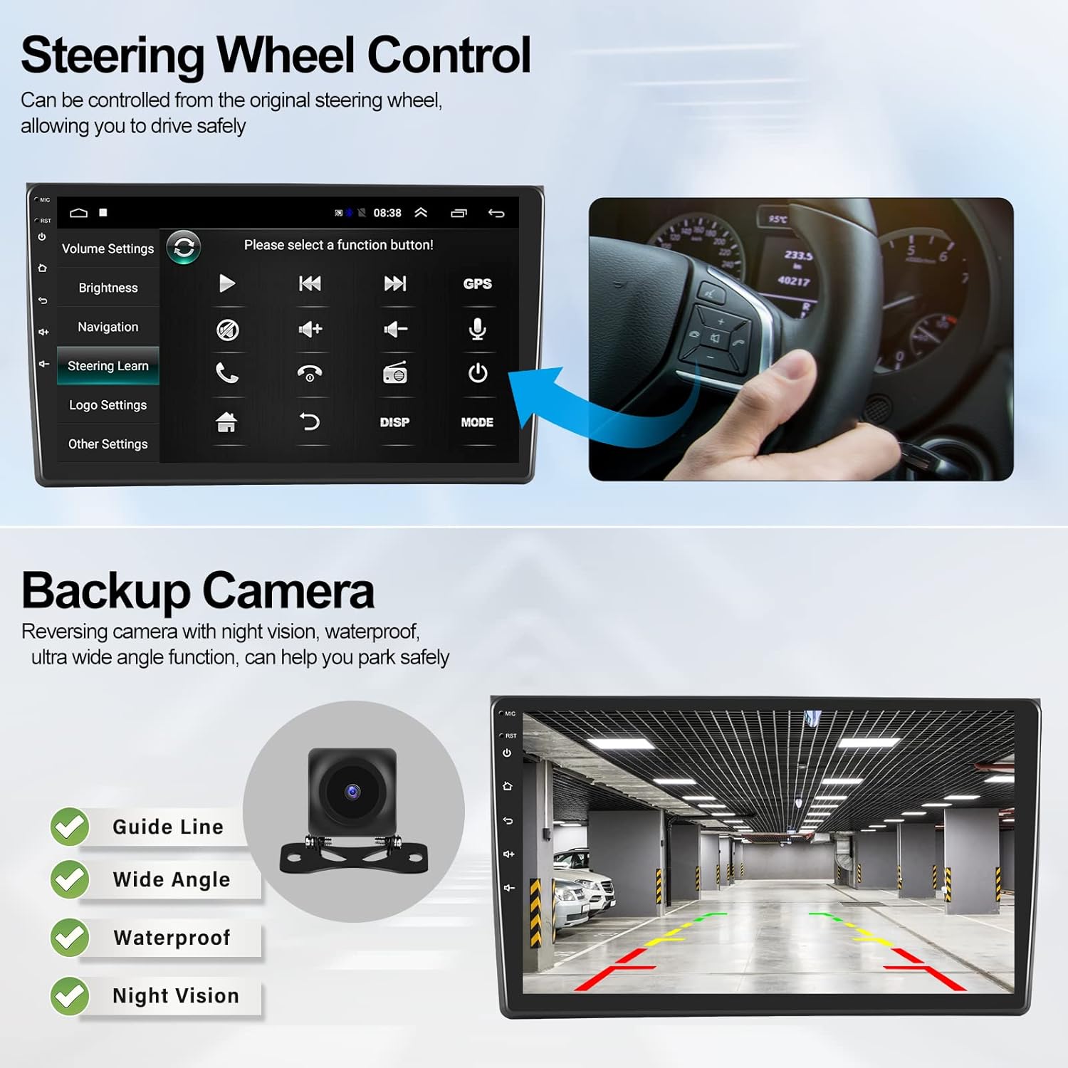 Image showing the car radio's steering wheel control settings menu and a car's steering wheel, along with a backup camera view ప్రదర్శనలో.