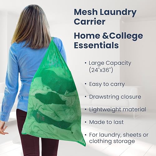Miniatura 3 de Bolsa de lavandería de malla resistente de alta calidad, cesta de ropa con cordón, artículos esenciales para el hogar y la universidad, color verde
