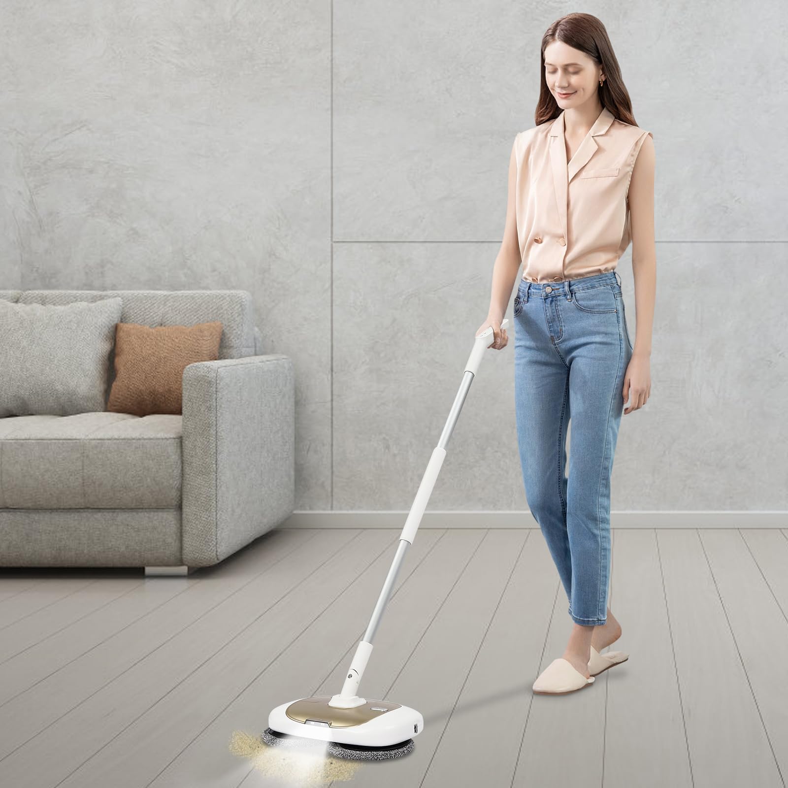 Elektrischer Wischmopp, Akku Bodenwischer, Wischer Elektrisch mit Reinigungseimer Schnurloser Mopp für Bodenreinigung 40W Leistung 2000mAh Akku 150 U/min für Fliesen Holzböden Laminat (Gold)