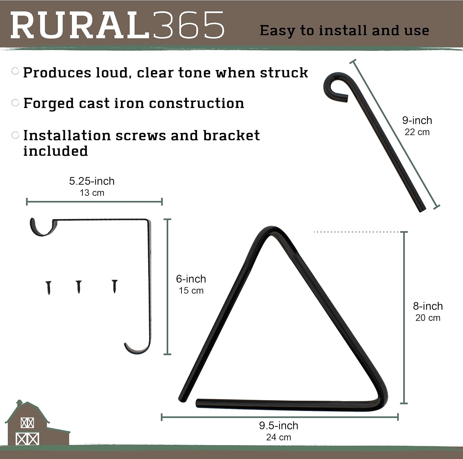 Rural365 Triangle Dinner Bell, 8in - Cast Iron Dinner Bell, Dinner Triangle Bell Forged Metal Triangle for Outside