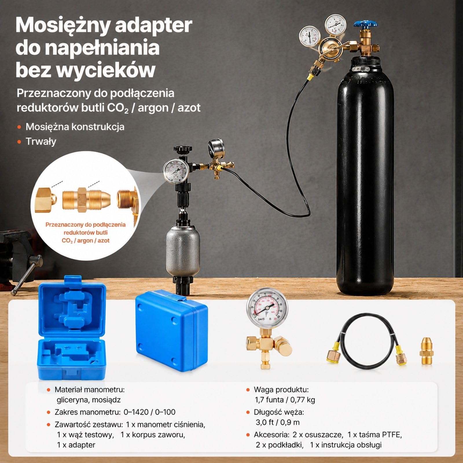 Zestaw do napełniania hydraulicznego akumulatora azotem, system testowania ciśnienia 0–1420 PSI z 1 manometrem, 1 wężem gazowym, 1 korpusem zaworu i 1 adapterem CGA580 do maszyn budowlanych
