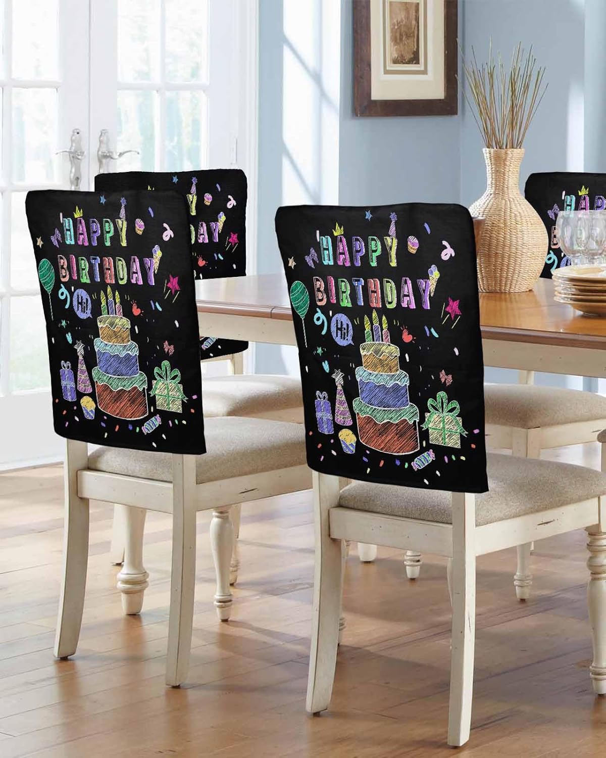 YOKOU Dining Chair Back Cover Set of 4, Happy Birthday Party Decoration Cake Balloon Gift Black Chair Protector Covers Removable Chair Slipcovers for Banquet Party 19x18 Inch