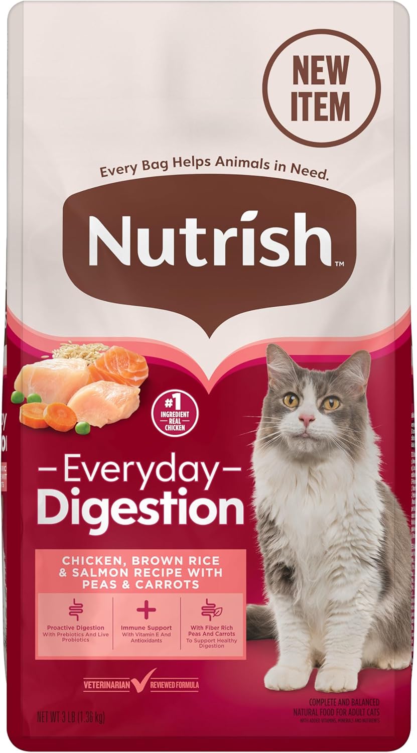 (Best By:Apr/08/2026)Nutrish Everyday Digestion Dry Cat Food, Chicken Brown Rice and Salmon Recipe with Peas and Carrots, 3 lb. Bag, 4 Count, (Rachael Ray) Chicken Brown Rice and Salmon with Peas and Carrots 3 Pound (Pack of 4)