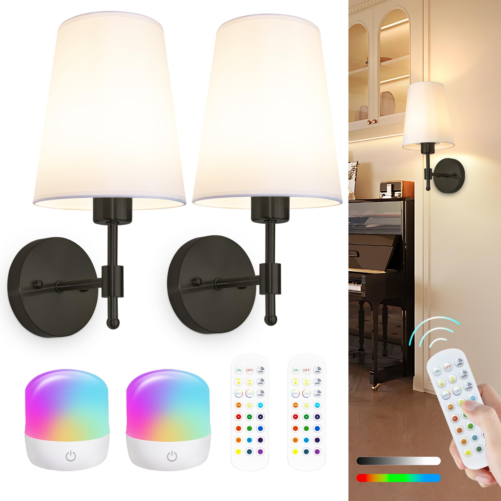 Battery Operated Wall Sconces Set of 2, Rechargeable Gold Wall Sconce with Remote Control, 12 Colors RGB Magnetic Bulb, Wireless Battery Wall Lamp for Bedroom Living Room Hallway Black 14 inch B11