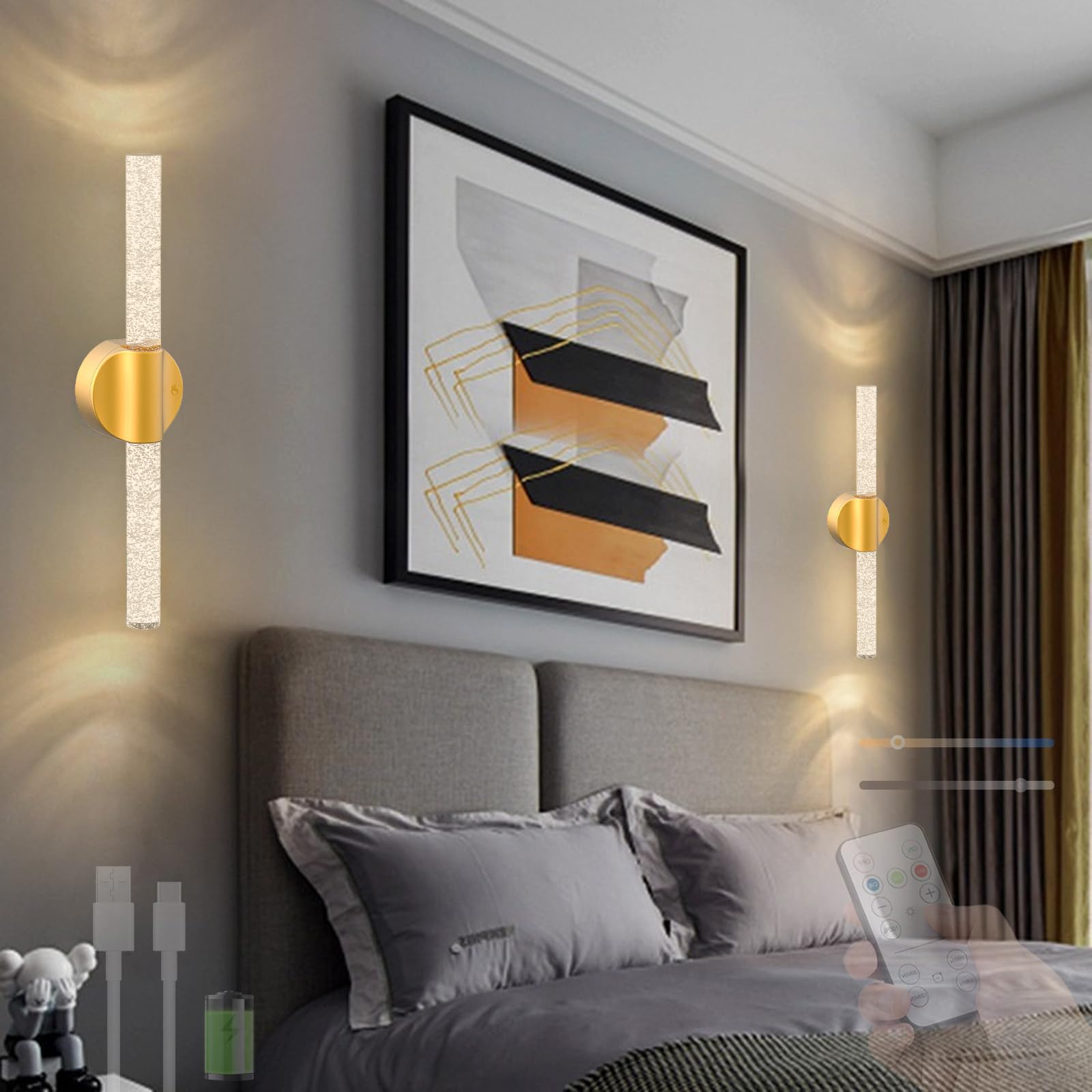 Interior LED apliques de pared tactiles recargables con mando a distancia pack de 2 8