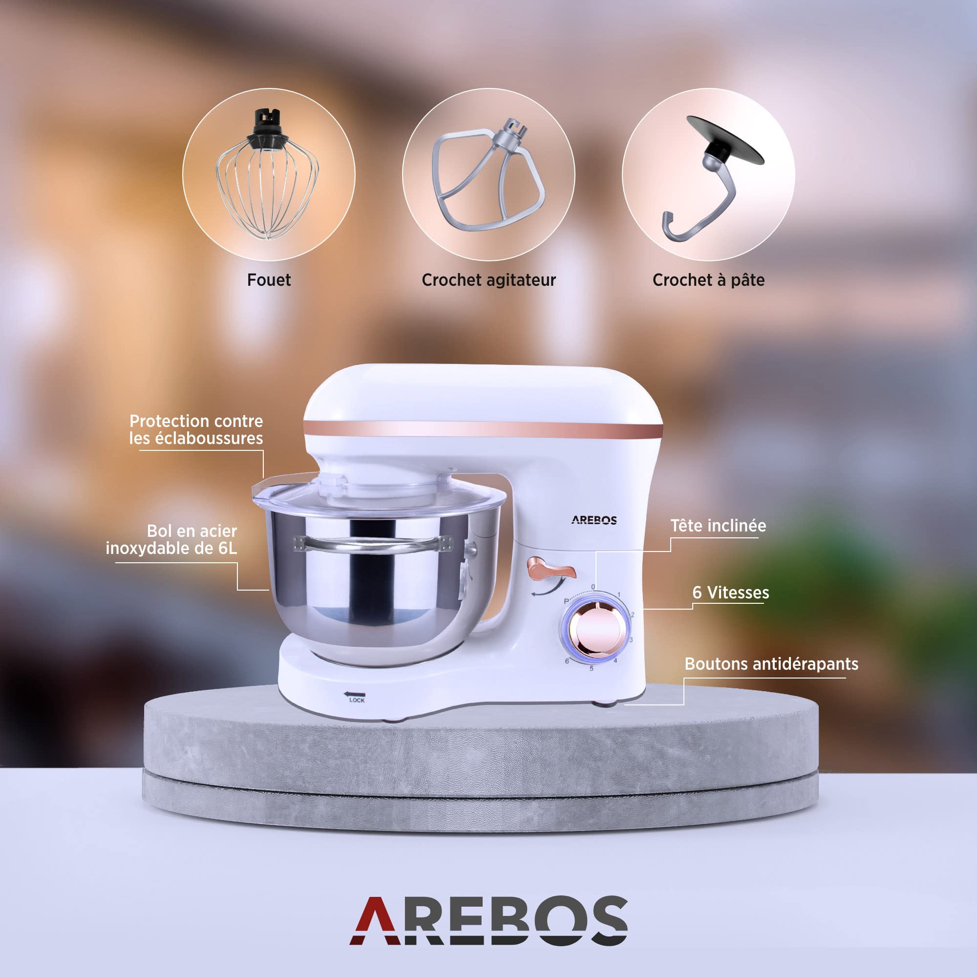 Arebos Robot Pâtissier Professionnel 1500W | Blanc | Robot de Cuisine Multifonction avec Fouet, Batteur, Crochet | Bol d'Acier Inoxydable 6 Litres | 6 Vitesses | Fonction Pulse