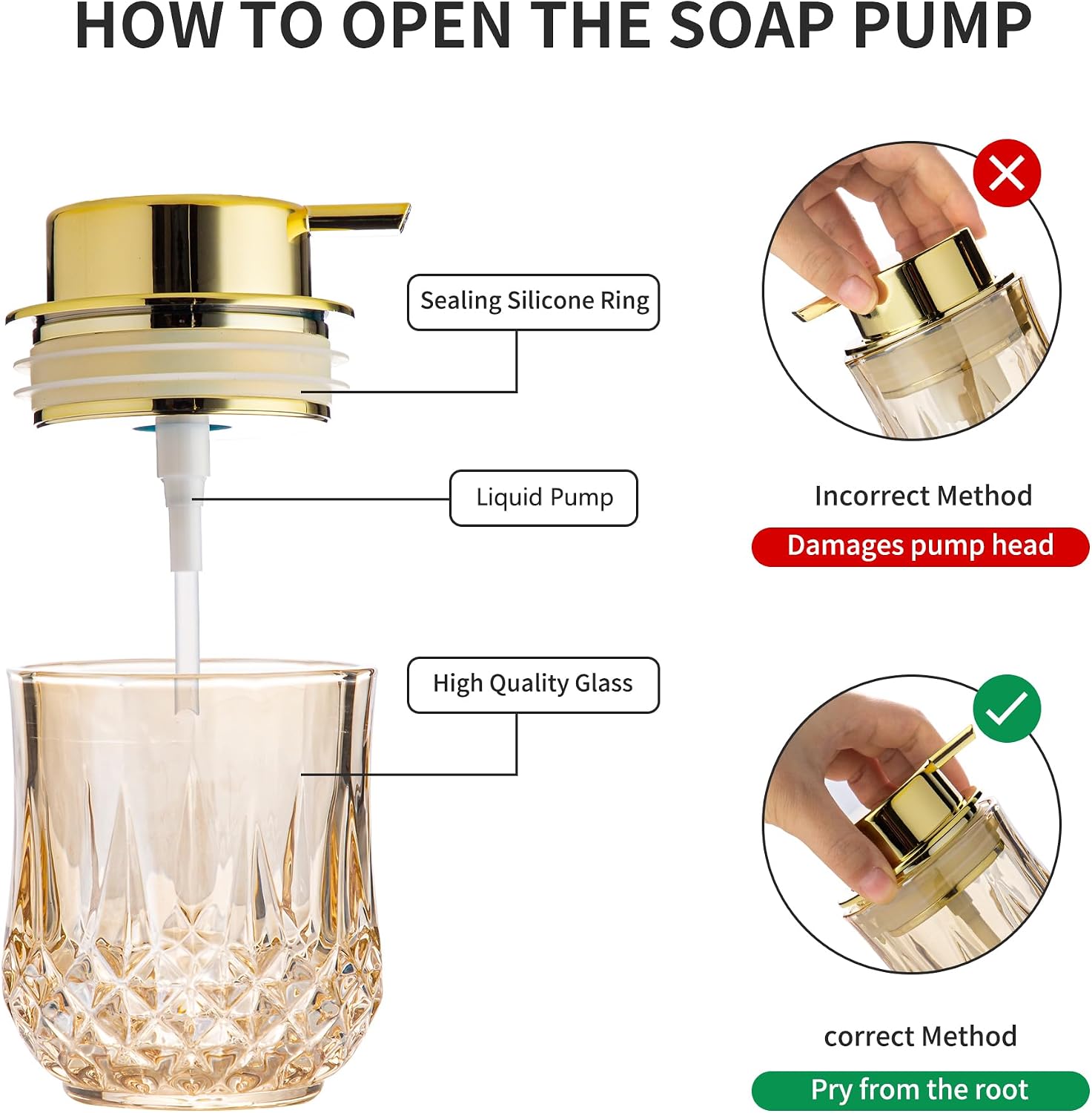 Enra Glass Soap Dispenser, Gold Hand Soap Dispenser Crystal Small Design