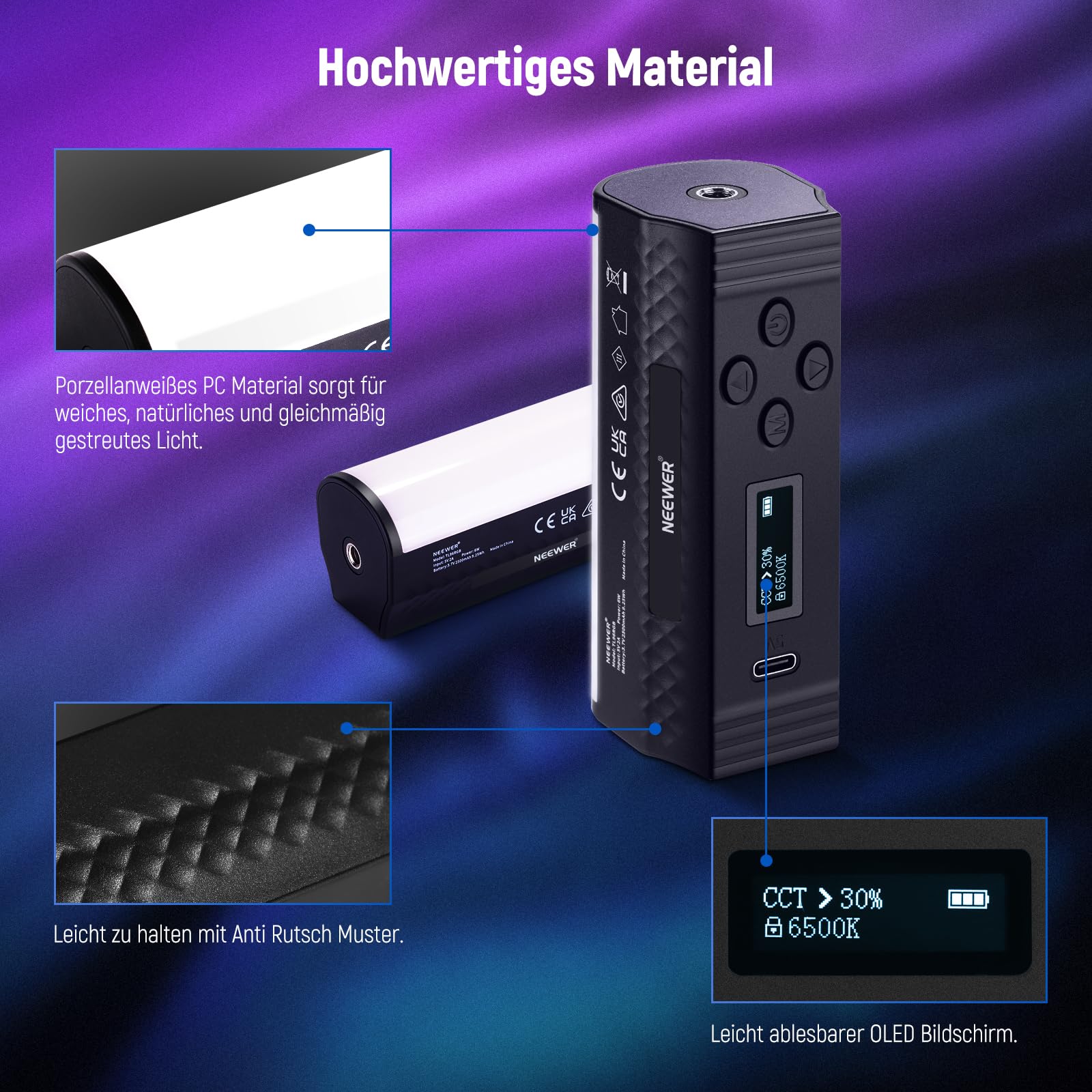 NEEWER Basics Magnetischer Handheld Lichtstab, 360° RGB Mini LED Video Tube Lighting Stick, 2500mAh Batterie, 2500K-8500K Dimmbar, Studio Kamera Fotografie TikTok YouTube Aufnahme Streaming, TL96RGB