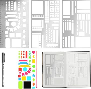 3pcs Metal Planner Stencil Set-Journal Stencil Templates with Ruler for Bullet Journaling, Habit Tracking, Weekly & Monthly Spreads, A5 Notebook Accessories, Rustproof Stainless Steel Design1 Pen