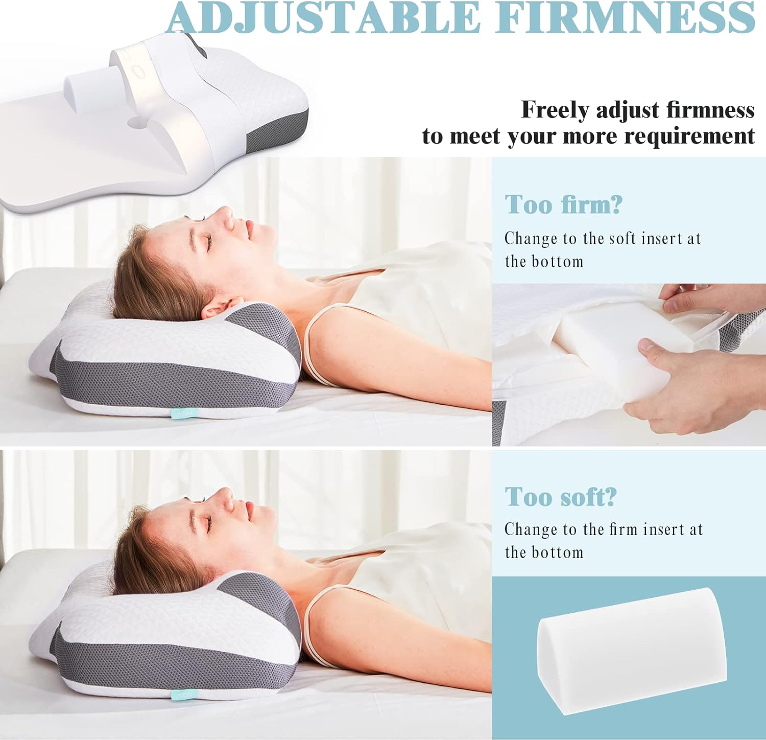 Cervical Memory Foam Pillow, Orthopedic Firm Soft Adjustable Hypoallergenic Ergonomic Contour Pillow for Side Back and Stomach Sleepers Grey : Home & Kitchen